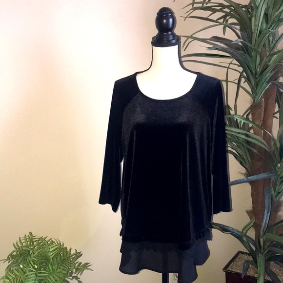 Ava James Tops - Ava James Black Velvet Lace Trim Blouse.